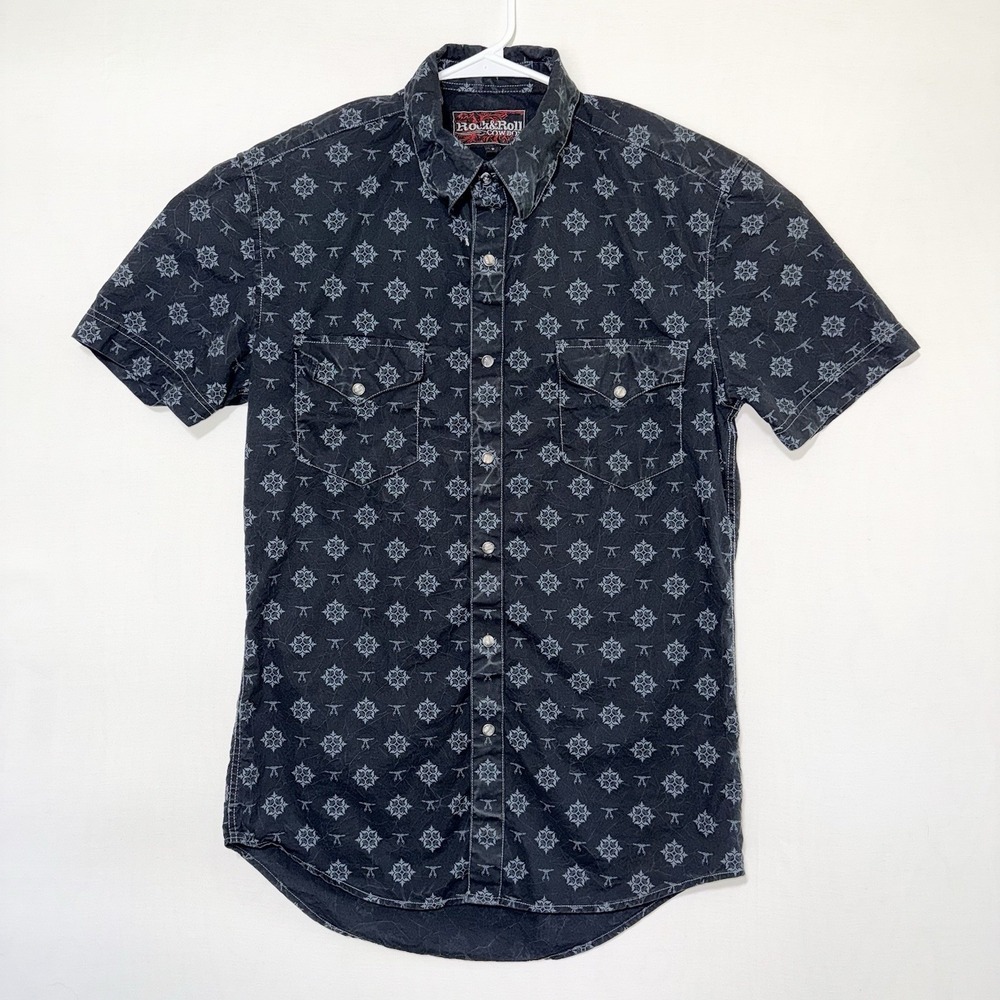 Rock & Roll Cowboy Mens Small Shirt Short Sleeve Pearl Snap Western Black AOP